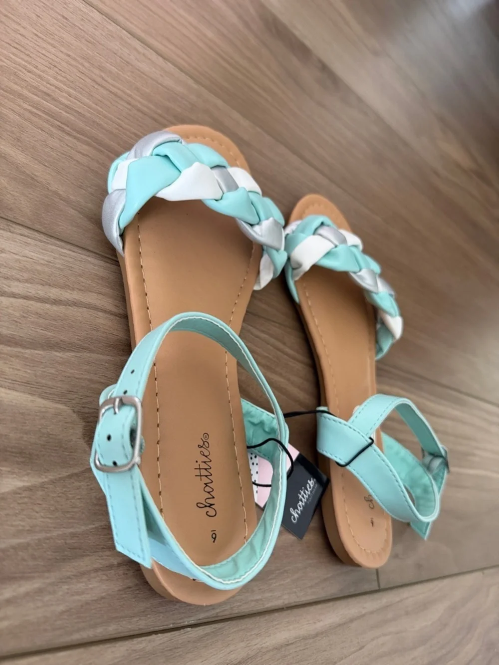 Mint, White & Silver Braided Ankle Strap Sandals
